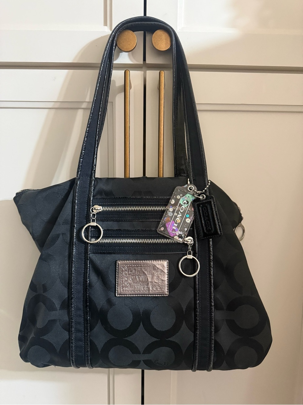 Coach Poppy Op Art Glam Tote Black Jacquard Shoulder Bag